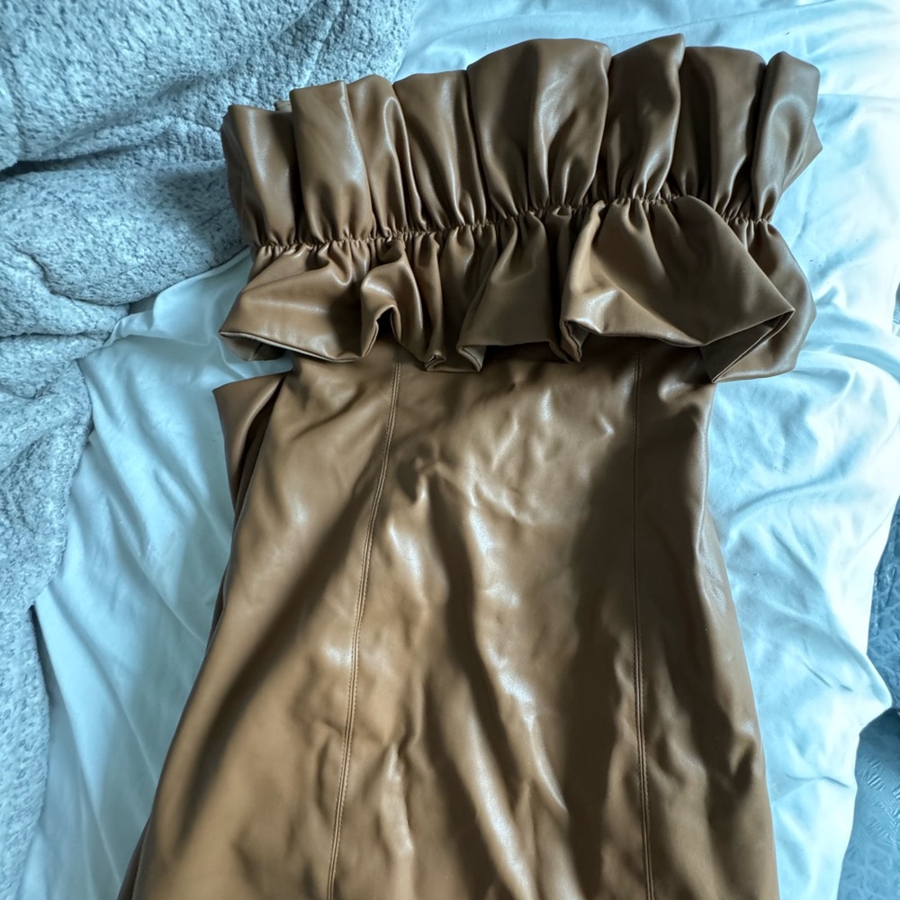 Brown Leather Mini Dress, Tie Back